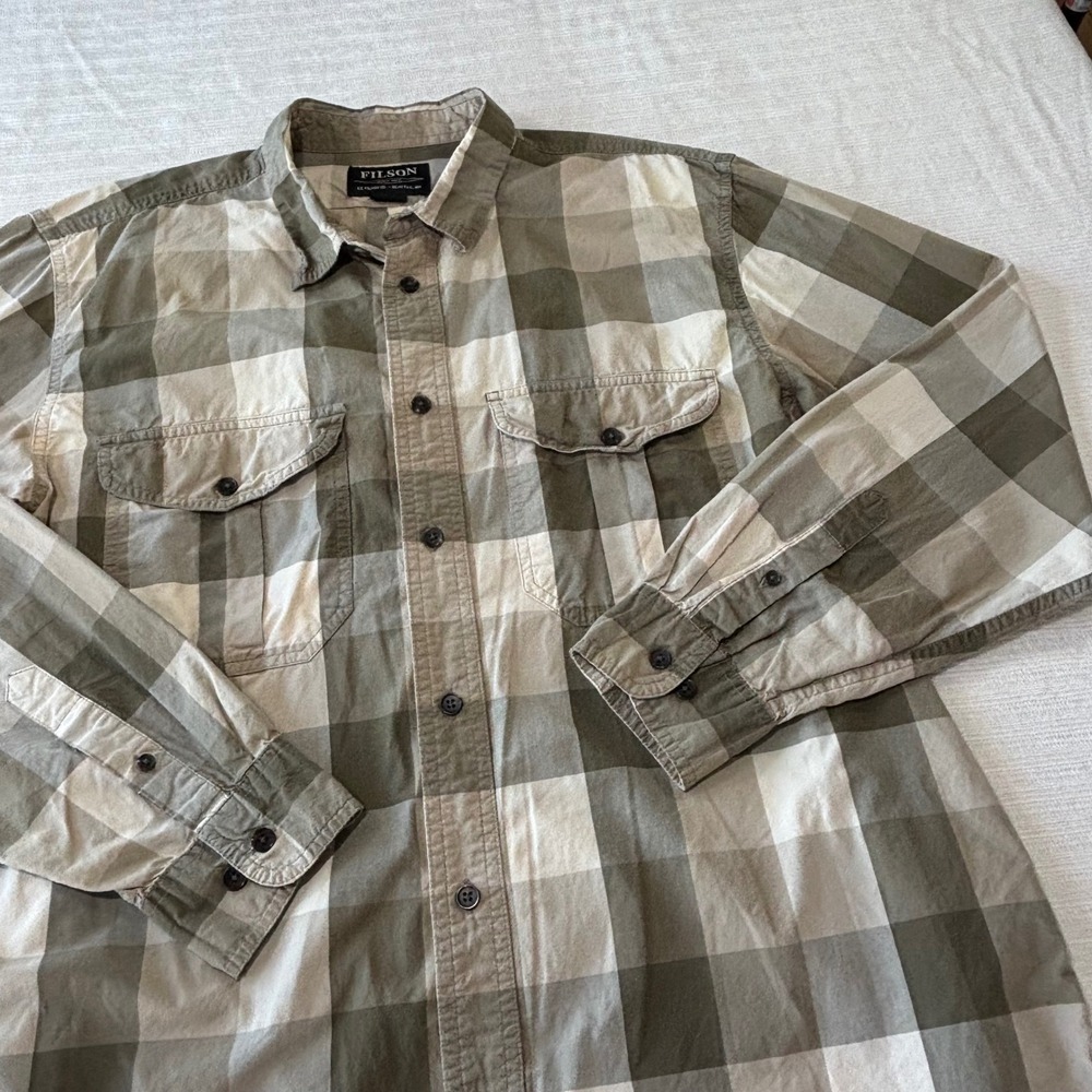 Filson Mens Large Buffalo Check Plaid Button Down Shirt Tan Olive Khaki 11010761